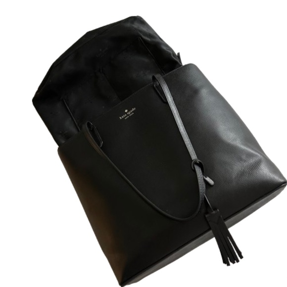 $298 Kate Spade Women's Medium Black & Gold Logo Leather Tote Bag & Bow Key Fob - Picture 9 of 16